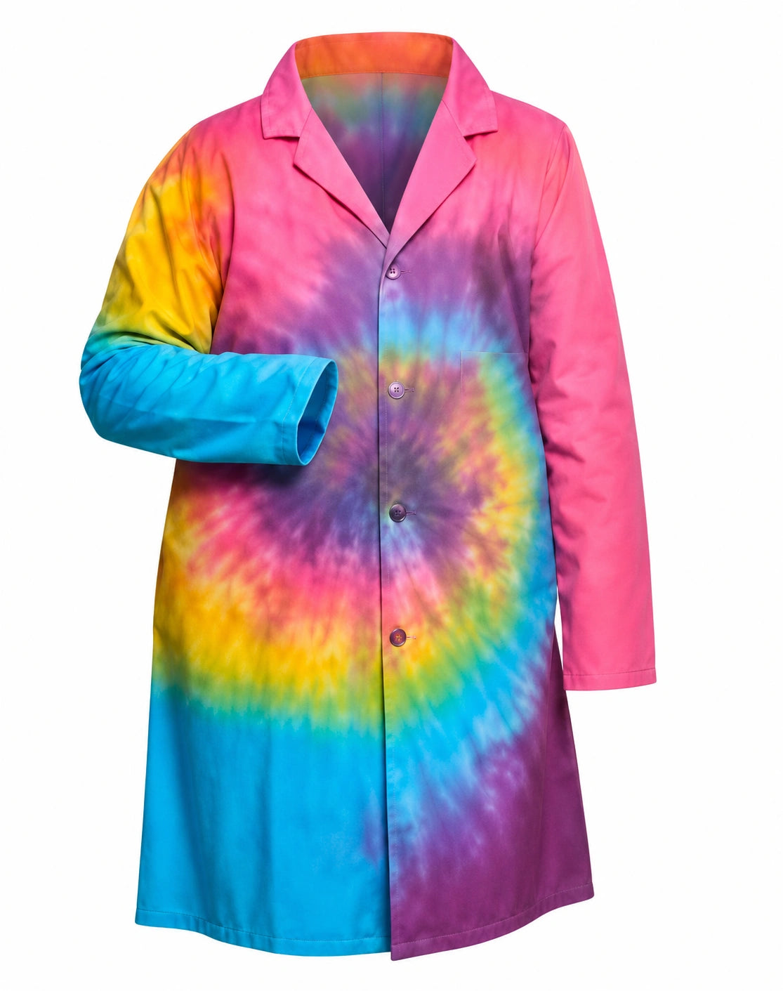 Colorful tie-dye lab coat on a white background