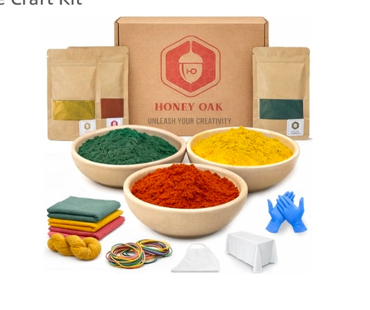 Natural Tie Dye Kit 3 Color Extract Set with plant-based dyes in Olive Green, Sunflower Yellow, and Turkey Red displayed with accessories.