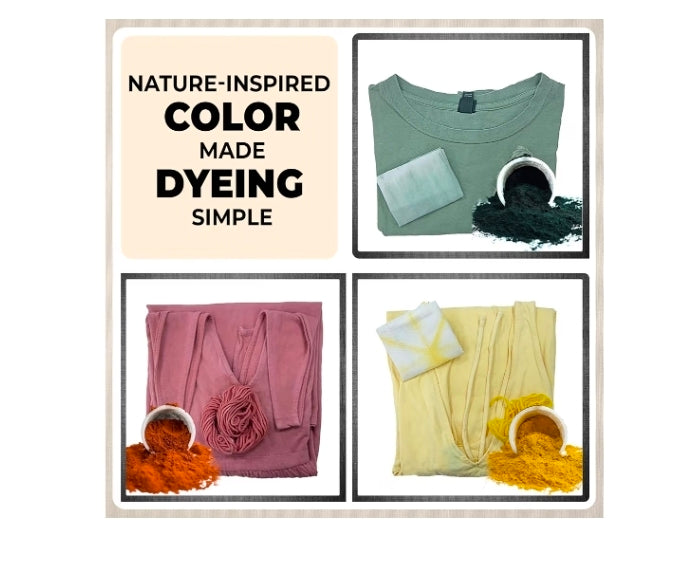 Natural Tie Dye Kit 3 Color Extract Set with Olive Green, Sunflower Yellow, and Turkey Red plant-based dyes displayed on fabrics.