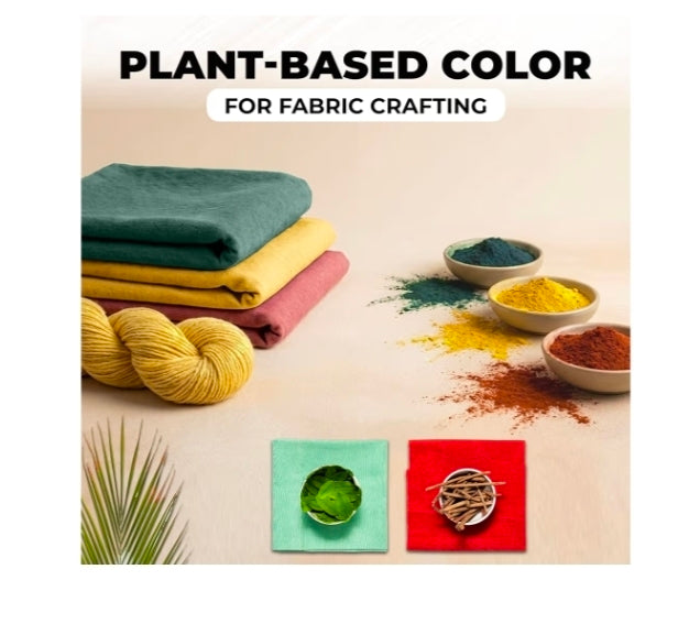 Natural Tie Dye Kit 3 Color Extract Set with plant-based dyes and fabric samples in Olive Green, Sunflower Yellow, and Turkey Red.