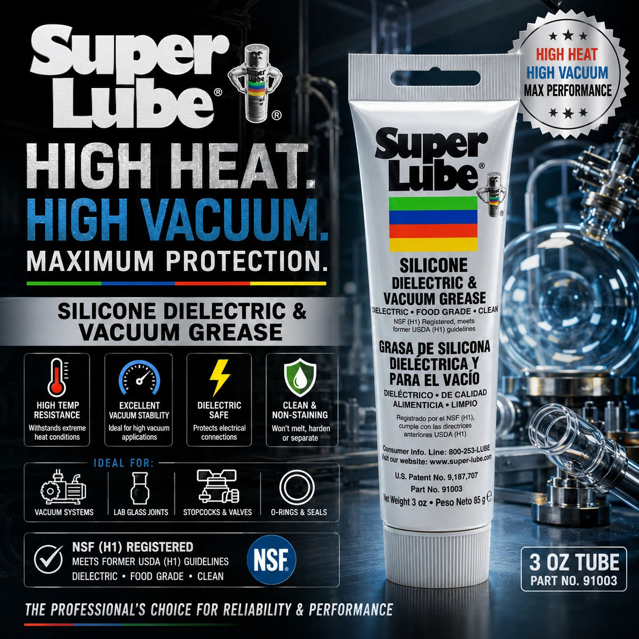 A 3 oz tube of Super Lube Silicone Dielectric & Vacuum Grease shown on a dark promotional background with product text, icons, and a vacuum illustration. The tube is white with black text and a small multicolor stripe near the top.