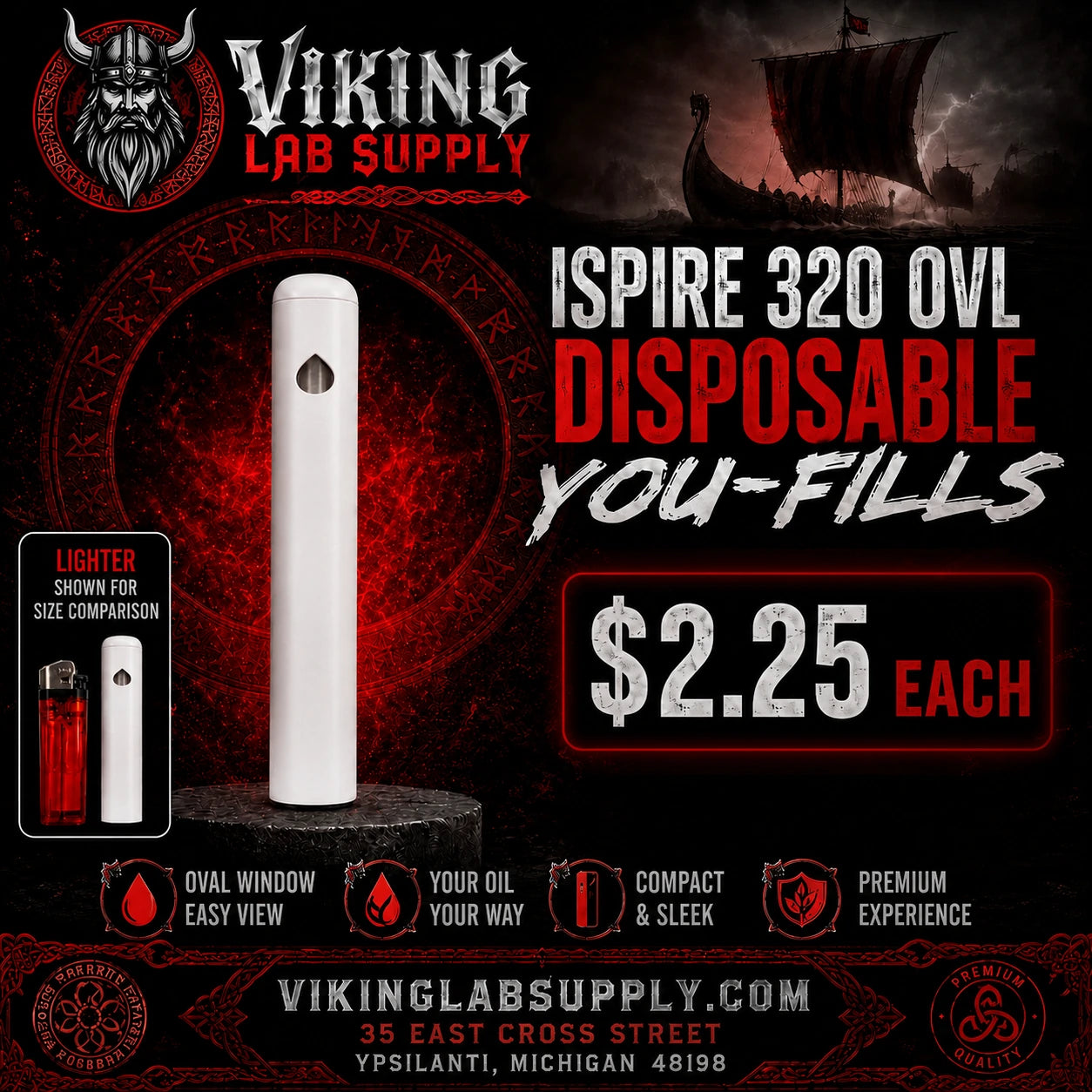 Viking Lab Supply Ispire 320 OVL disposable you-fills vape product advertisement. The main product shown is a white oval-shaped vape device on a dark gothic-themed background with Viking ship and runes.