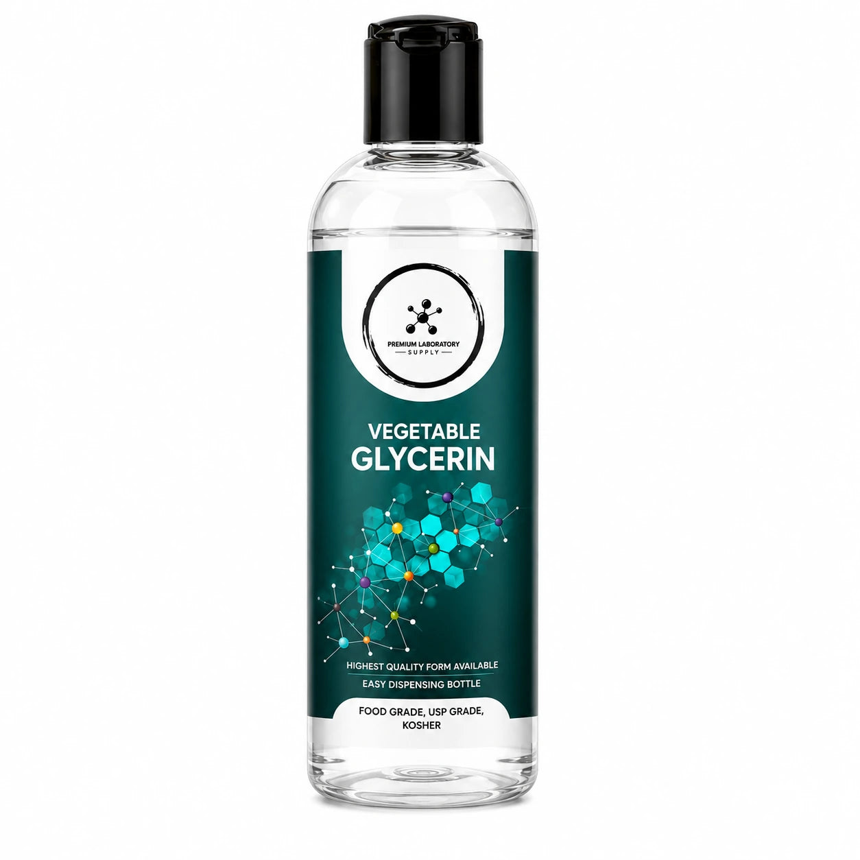 A clear plastic bottle of Vegetable Glycerin with a black flip-top cap and a dark teal label featuring white and blue text and graphics.