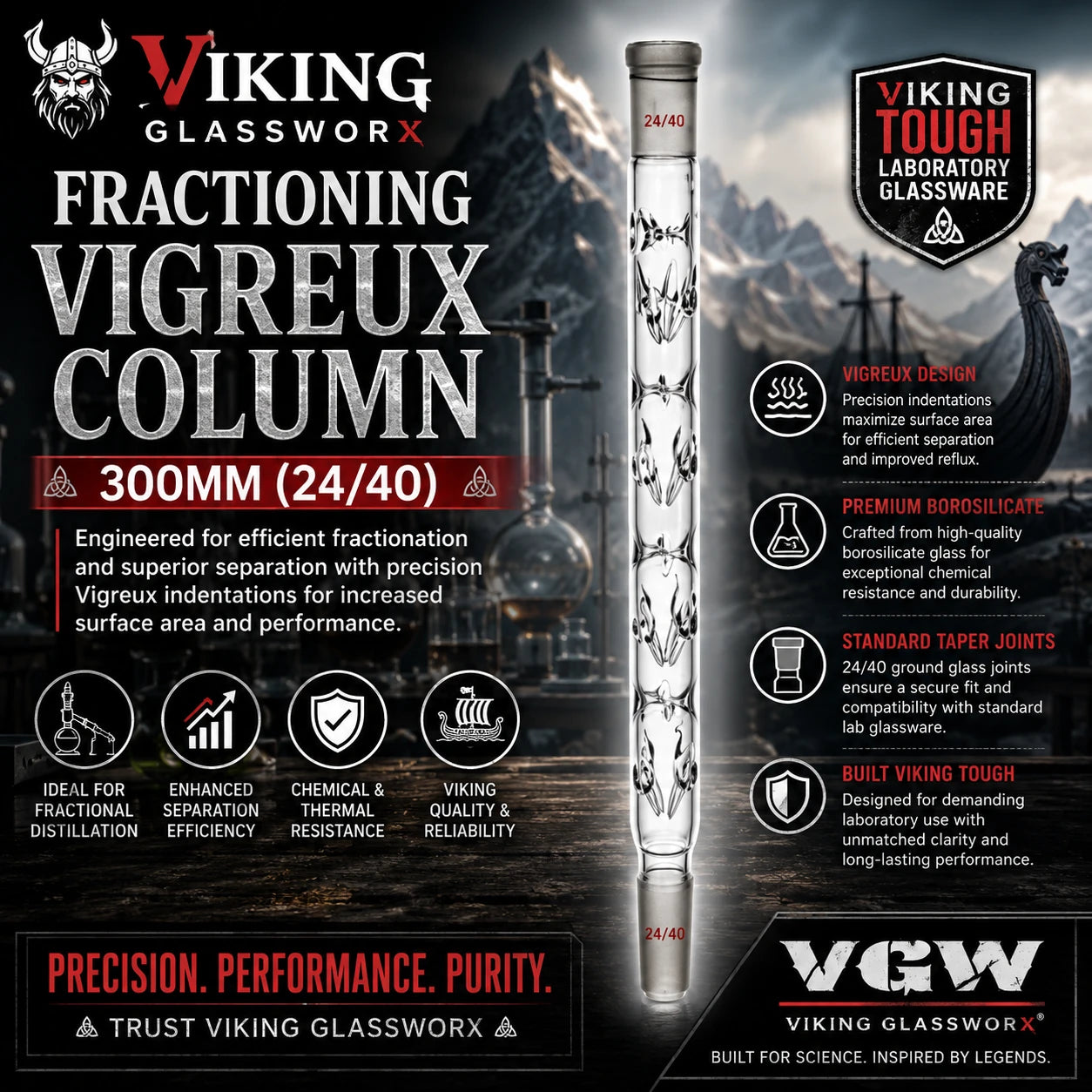 Viking Glassworx Fractioning Vigreux Column 300mm (24/40) glassware product graphic on a dark mountain-themed background with product specs, icons, and branding. Available at Viking lab supply