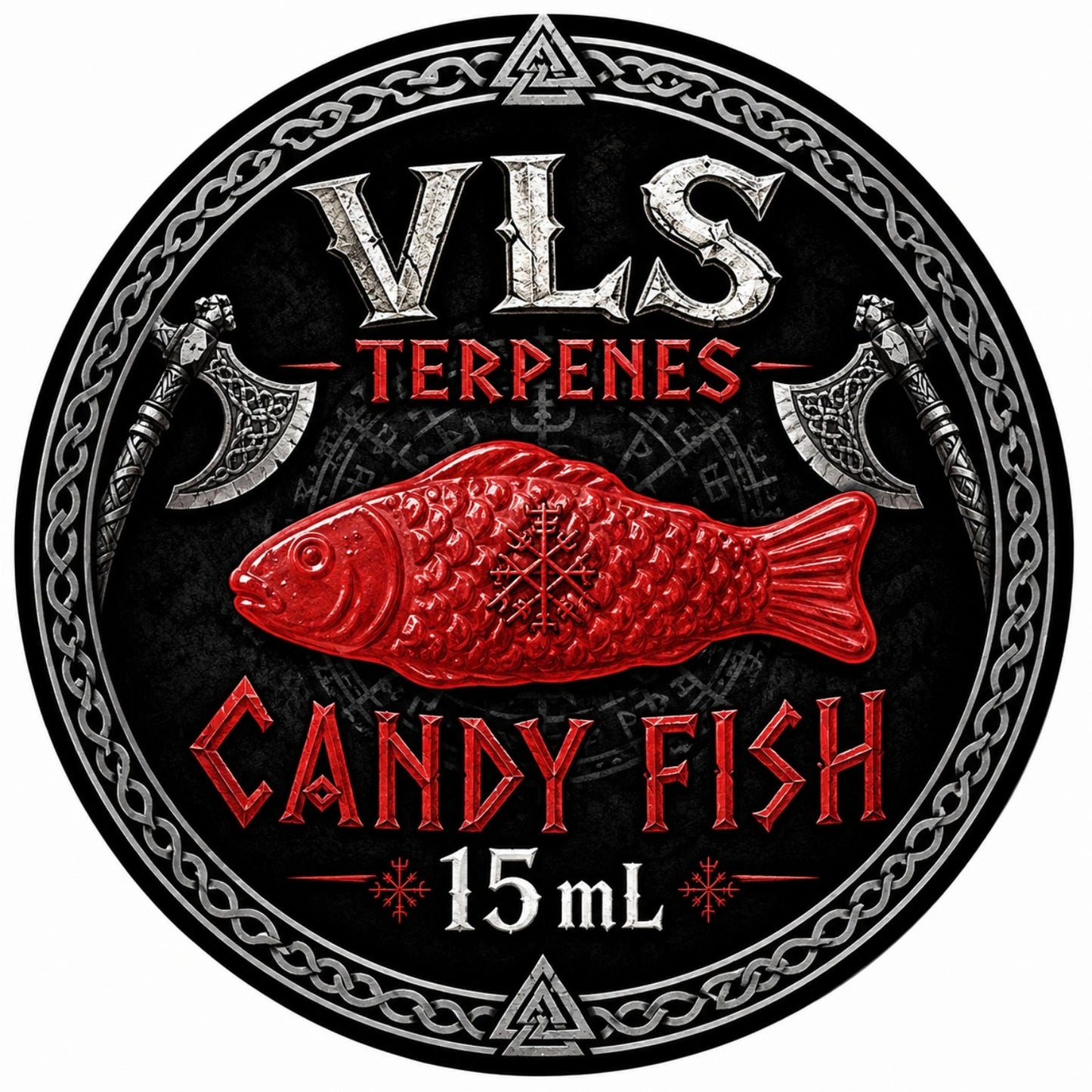 Label of Candy Fish VLS Organic Terpenes 15ml bottle featuring a red fish graphic and ornate design elements.