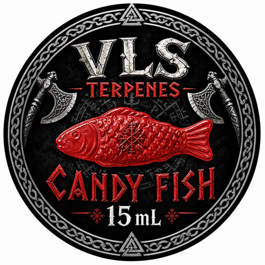 Label of Candy Fish VLS Organic Terpenes 15ml bottle featuring a red fish graphic and ornate design elements.