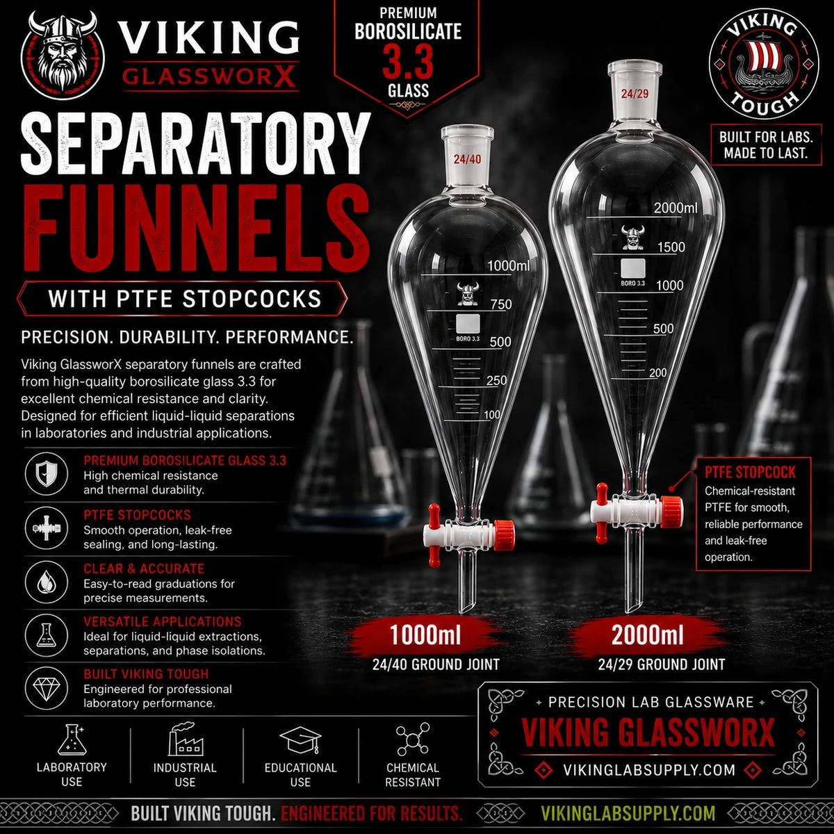Borosilicate glass separatory funnels with PTFE stopcocks