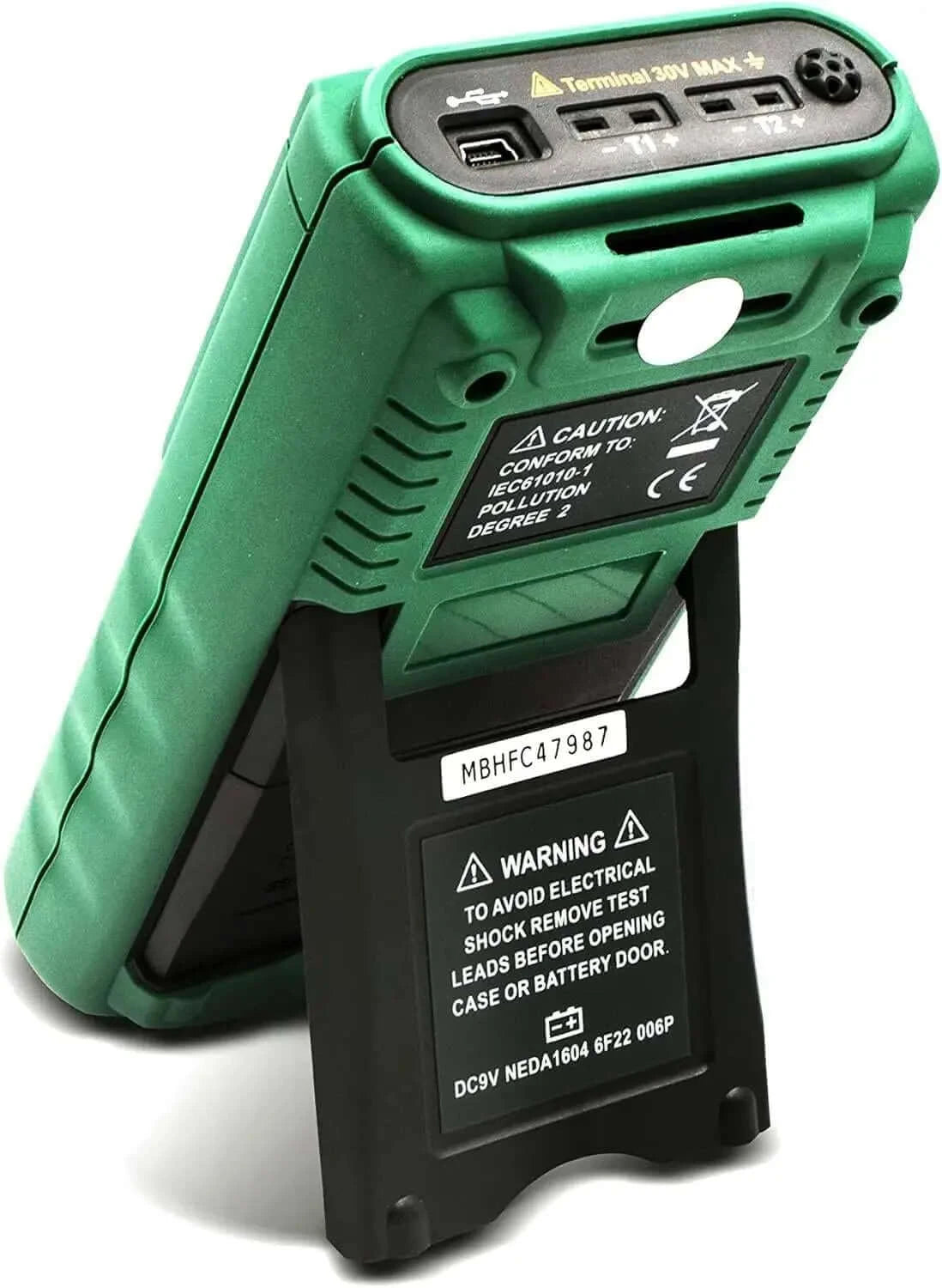 Back view of Perfect Prime digital thermometer showing caution labels and battery case