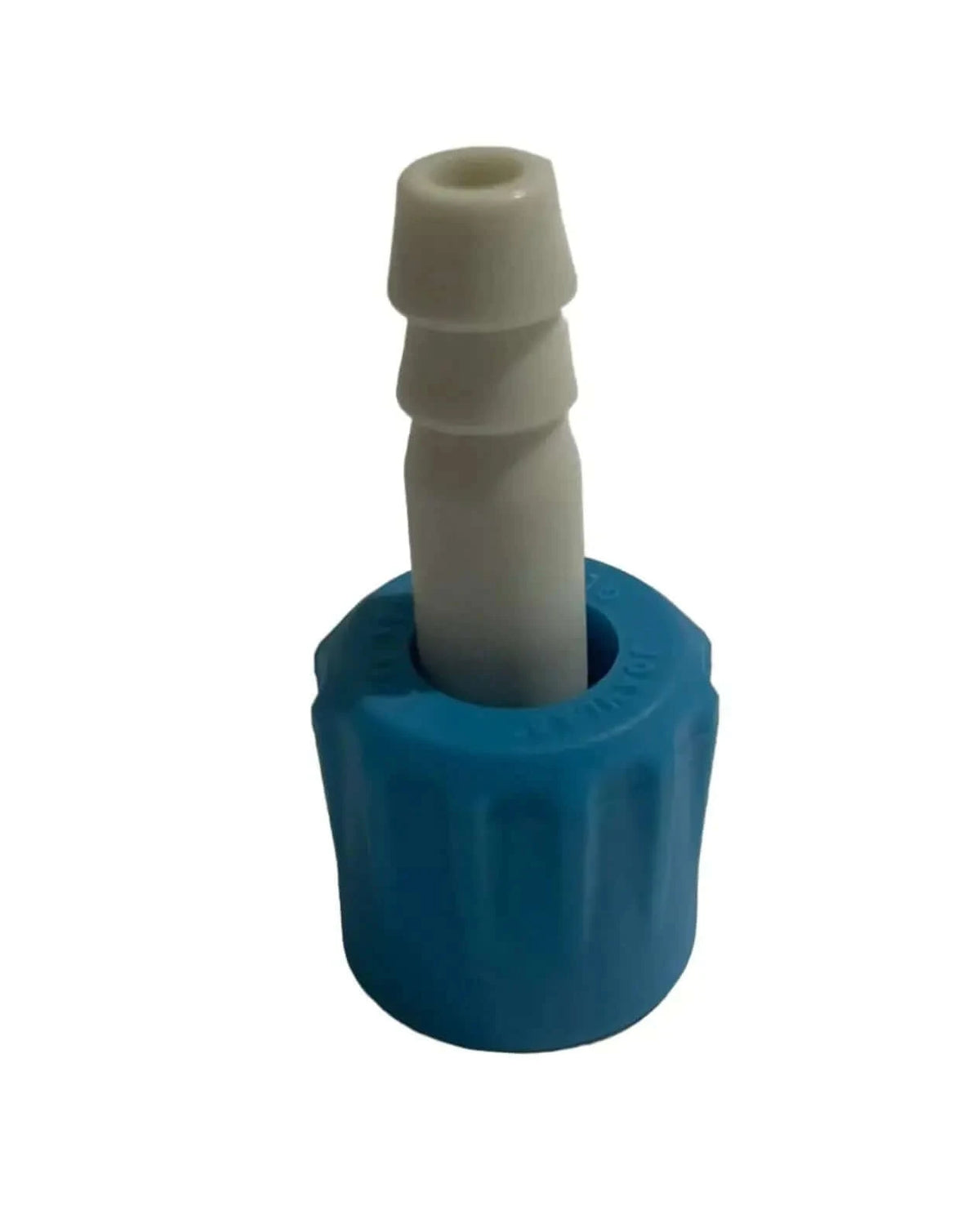 GL-14 Barb - Straight barb end connector in blue and white with textured grip, used for secure tubing attachment in lab
