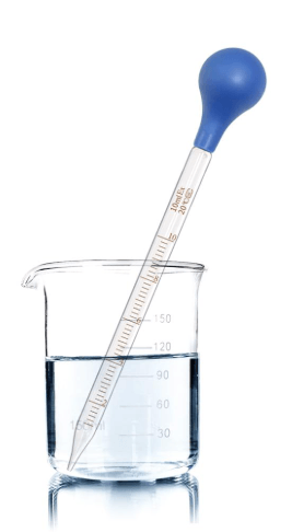 10mL Borosilicate Pipette Dropper inserted in glass beaker with liquid, showcasing precise measurement marks.