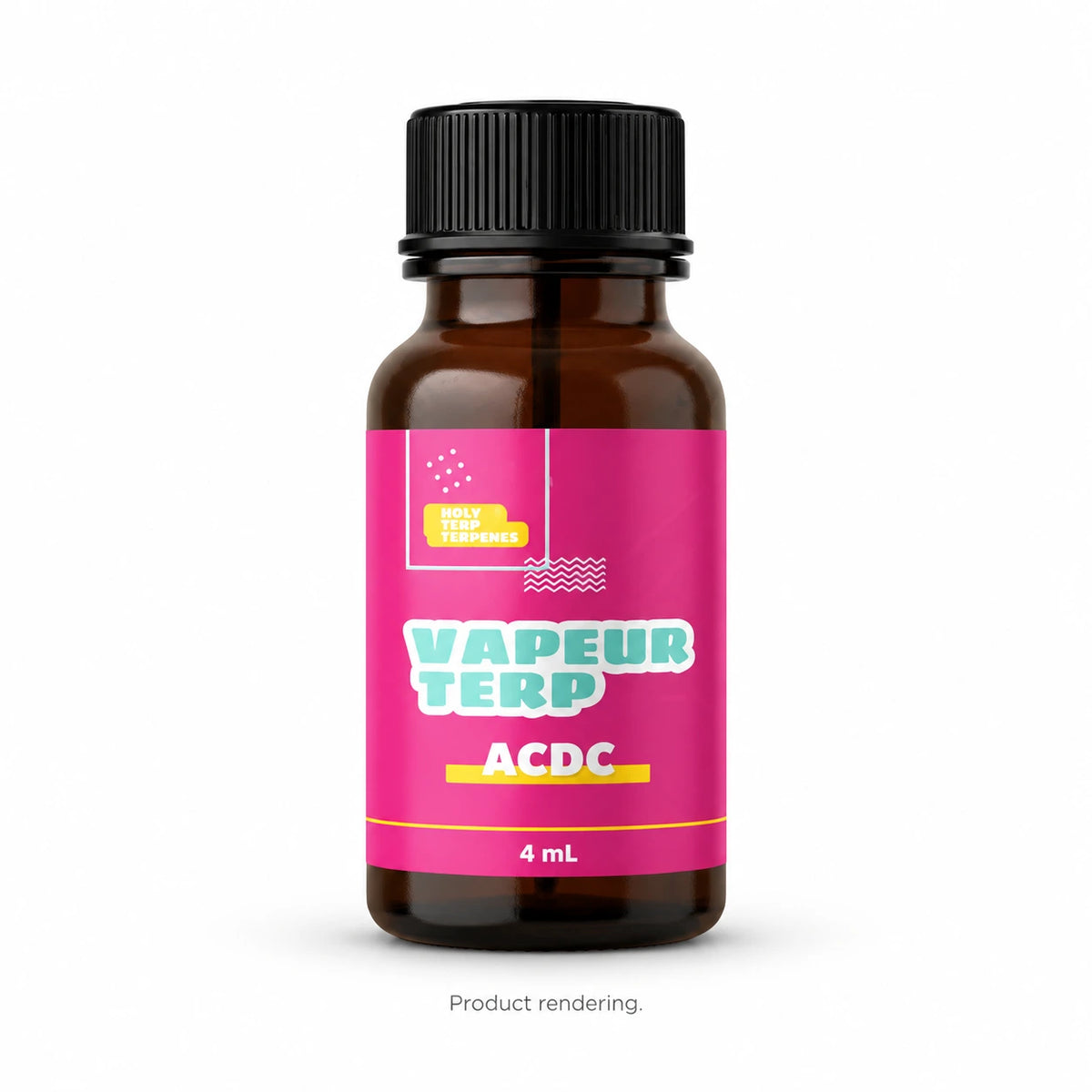 Holy Terp ACDC 4mL amber terpene bottle with black cap and flavor label, product rendering