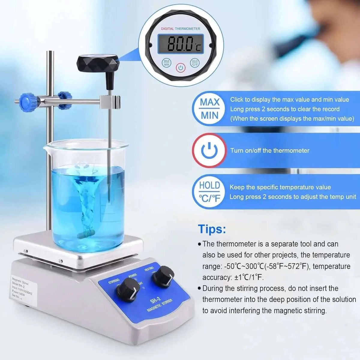 Magnetic stirrer hot plate with digital thermometer and beaker in a laboratory setting