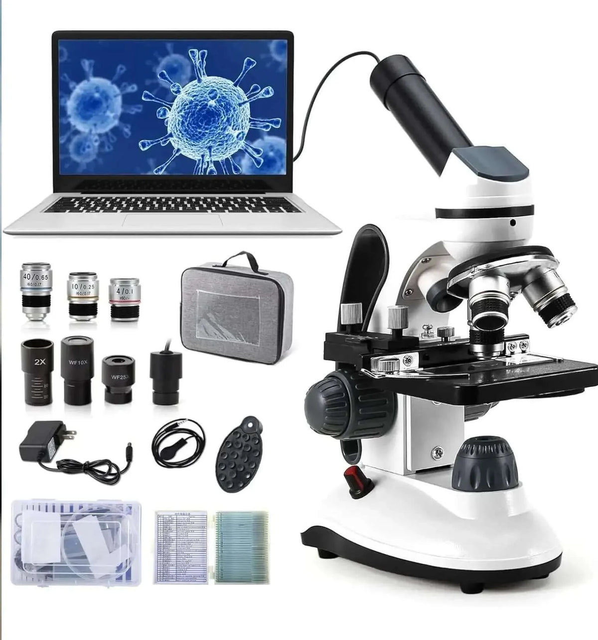 Binocular microscope with camera adapter, eyepieces, objectives, and connected laptop
