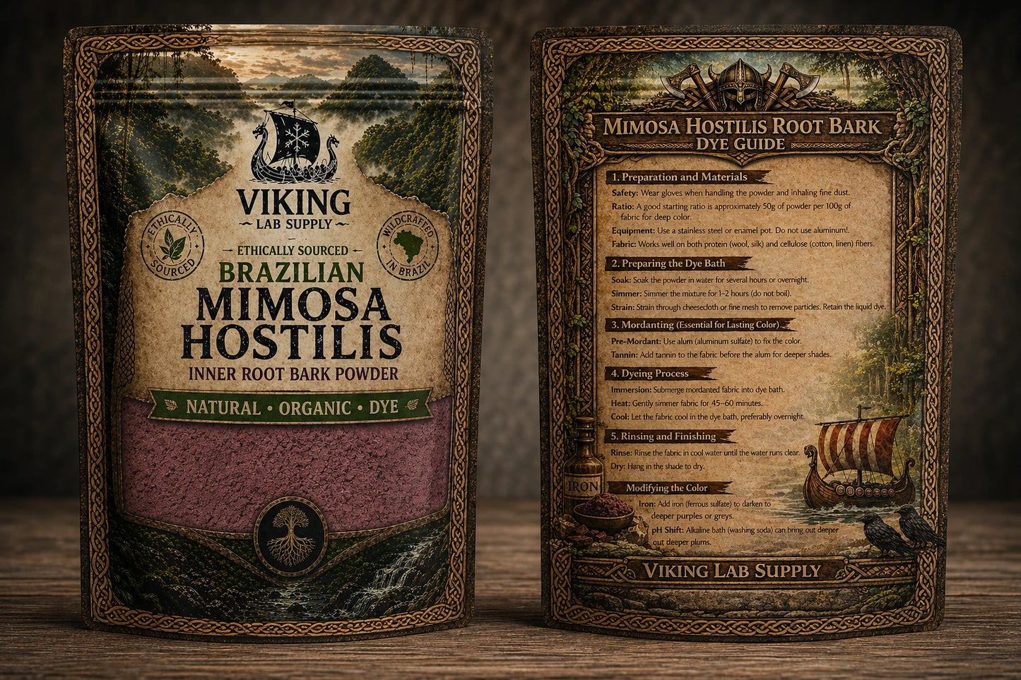 Packaging of Mimosa Hostilis Inner Root Bark powder and dye guide by Viking Lab Supply