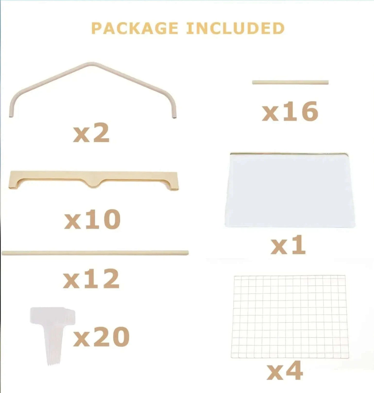 Package contents for Mini Greenhouse for mycology - 2 arches, 16 poles, 10 connectors, 1 cover, 12 ties, 20 stakes, 4