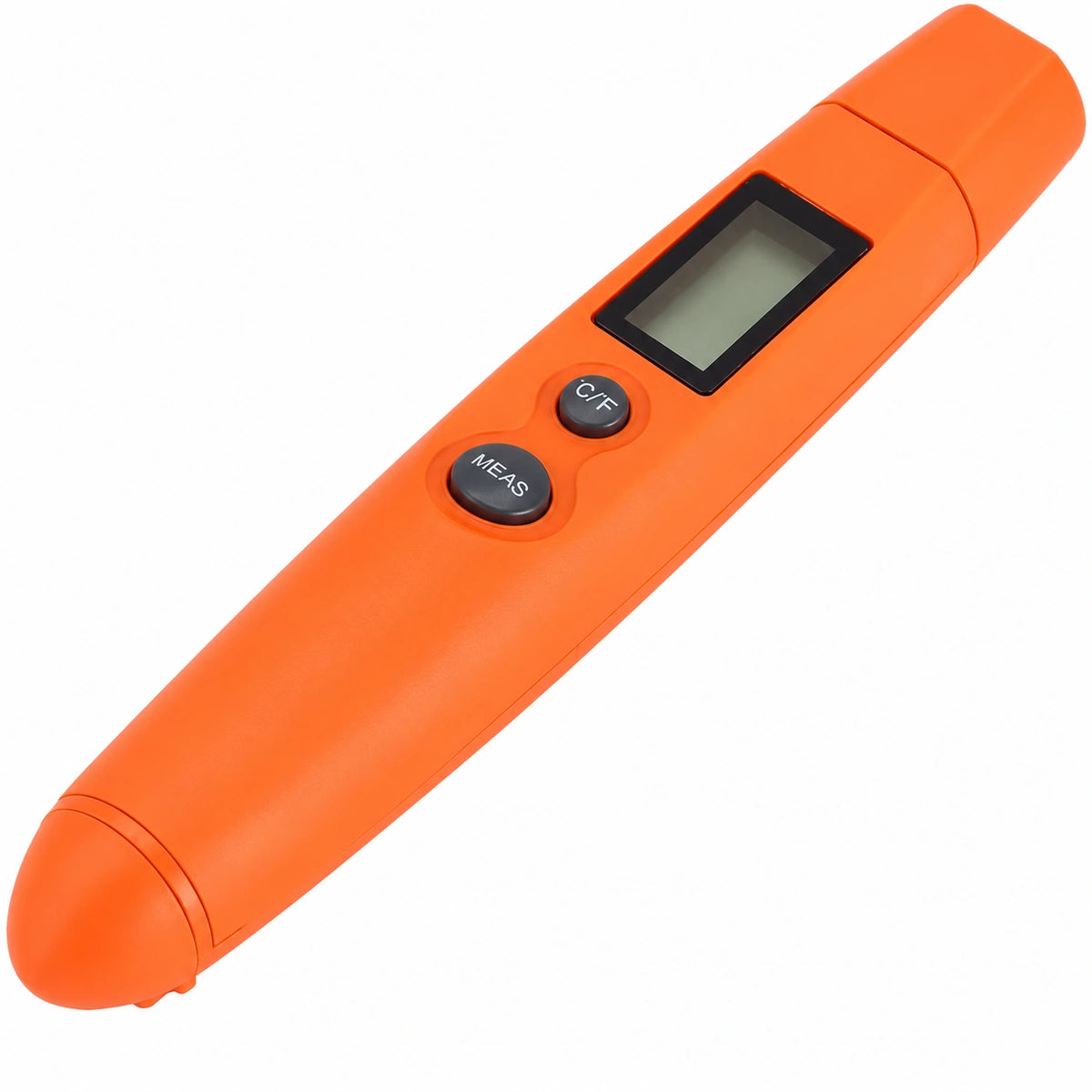 Orange mini pocket infrared thermometer with LCD and two buttons, diagonal view