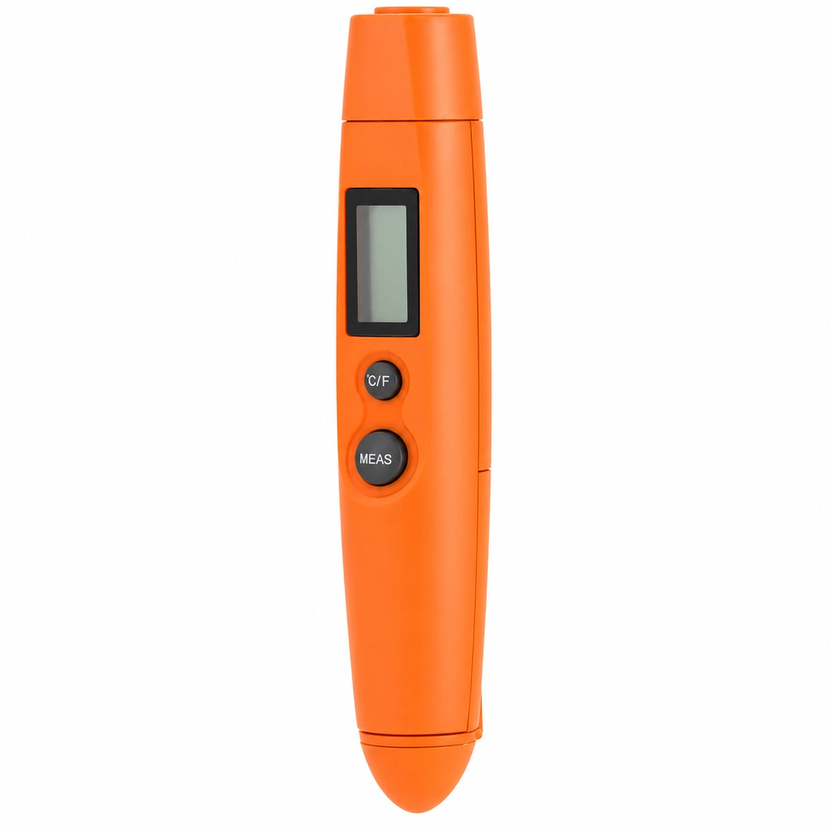 Orange mini pocket infrared thermometer with LCD and two buttons, front view