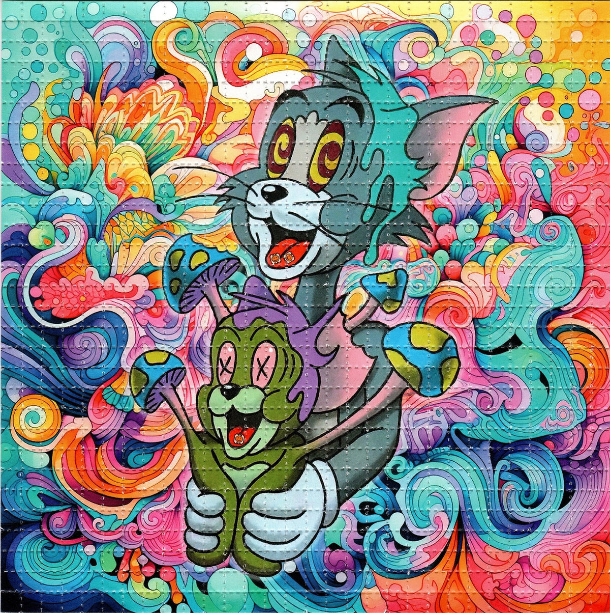 Vibrant Blotter Art - acid free perforated blotter paper with colorful psychedelic design featuring cartoon characters.
