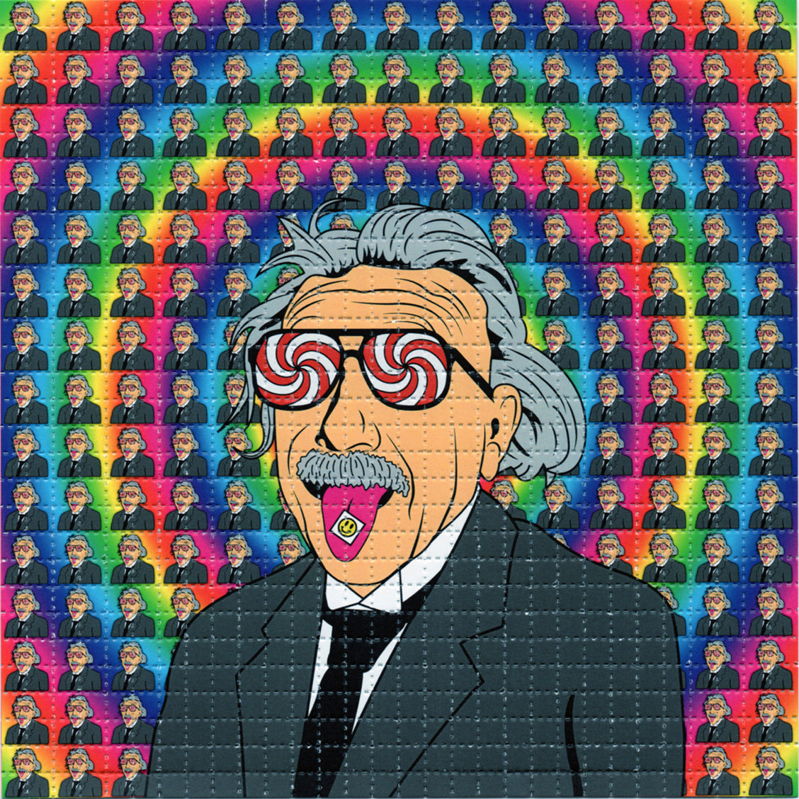 Blotter Art - acid free perforated blotter paper featuring a colorful psychedelic design with a famous scientist illustration.