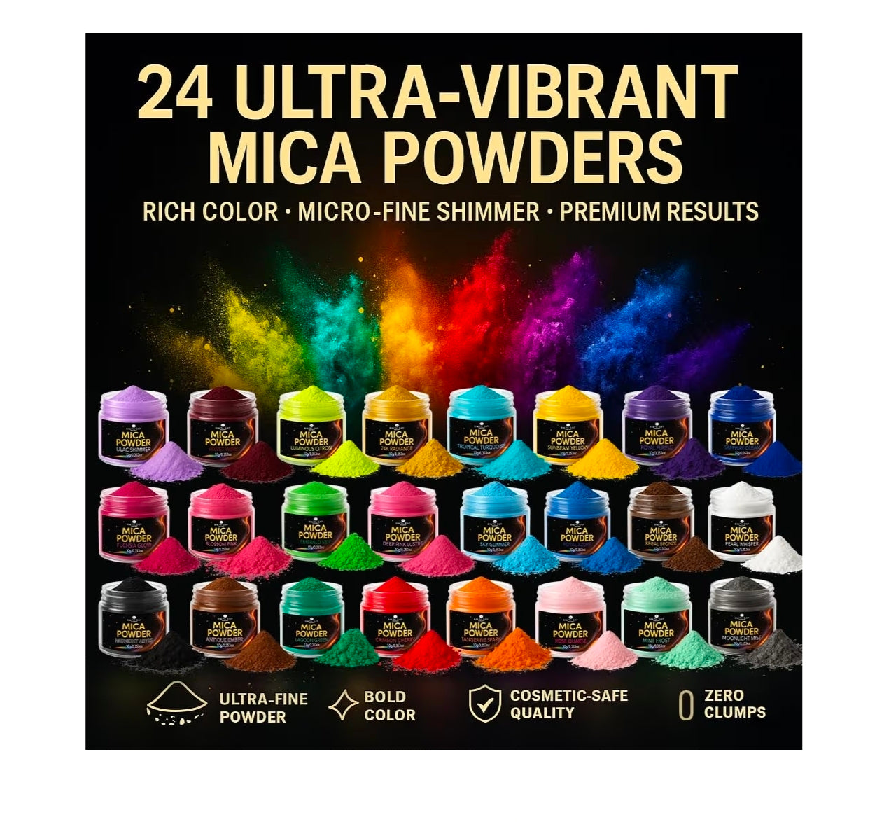 Mica Powder for Epoxy Resin 24 Ultra Vibrant Colors showcasing a range of rich, micro-fine shimmer pigments for creative projects.