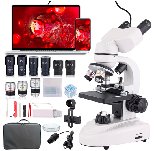 Microscope set with accessories on a white background