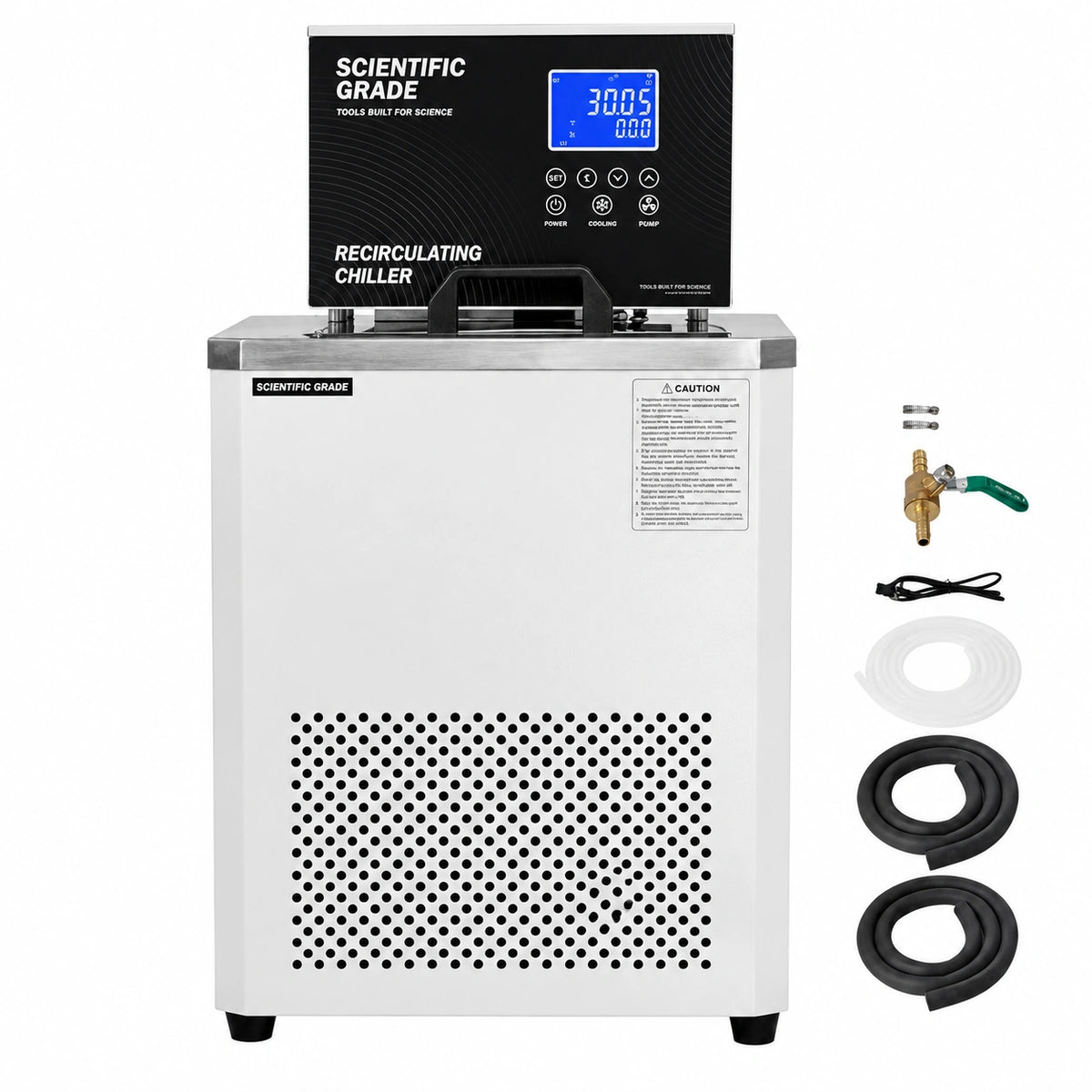 Laboratory chiller circulator with temperature range -20℃ to 100℃, featuring high-performance compressor and circulation pump.