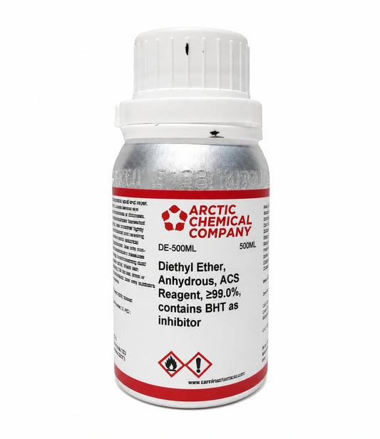 Diethyl Ether ACS Reagent 500ml bottle, high purity ≥99.0%, BHT stabilized for chemistry applications, Arctic Chemical Company label.