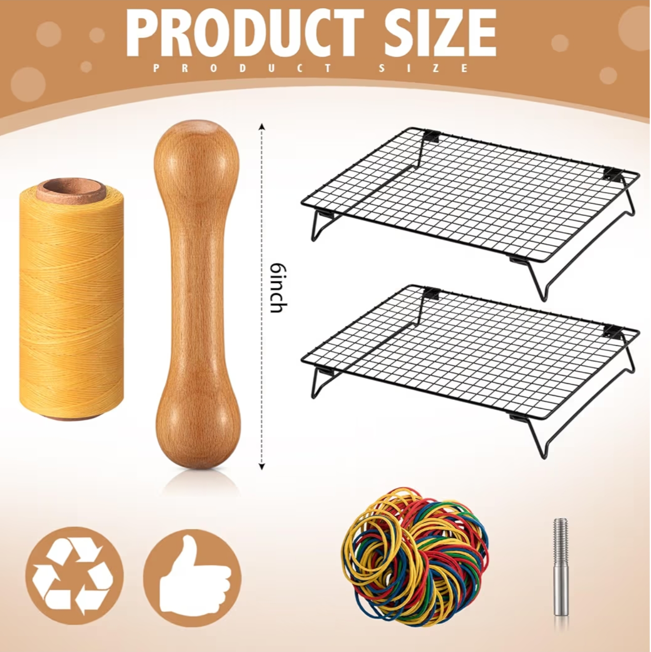 Tie-dye kit components including yellow thread, wooden holder, two wire racks, rubber bands, and a measuring scale