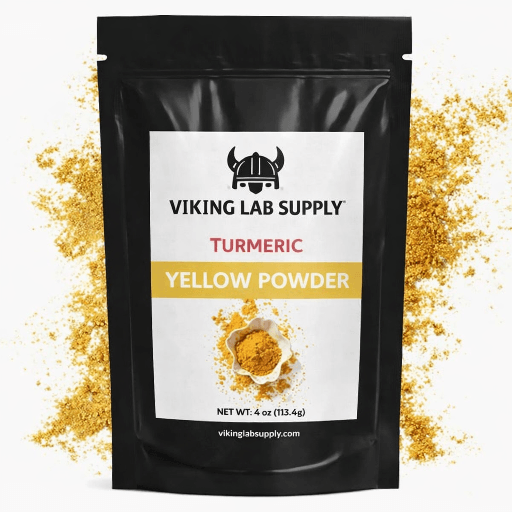 Turmeric dye in a 4 oz package by Viking Lab Supply, plant-based natural yellow powder for food coloring.