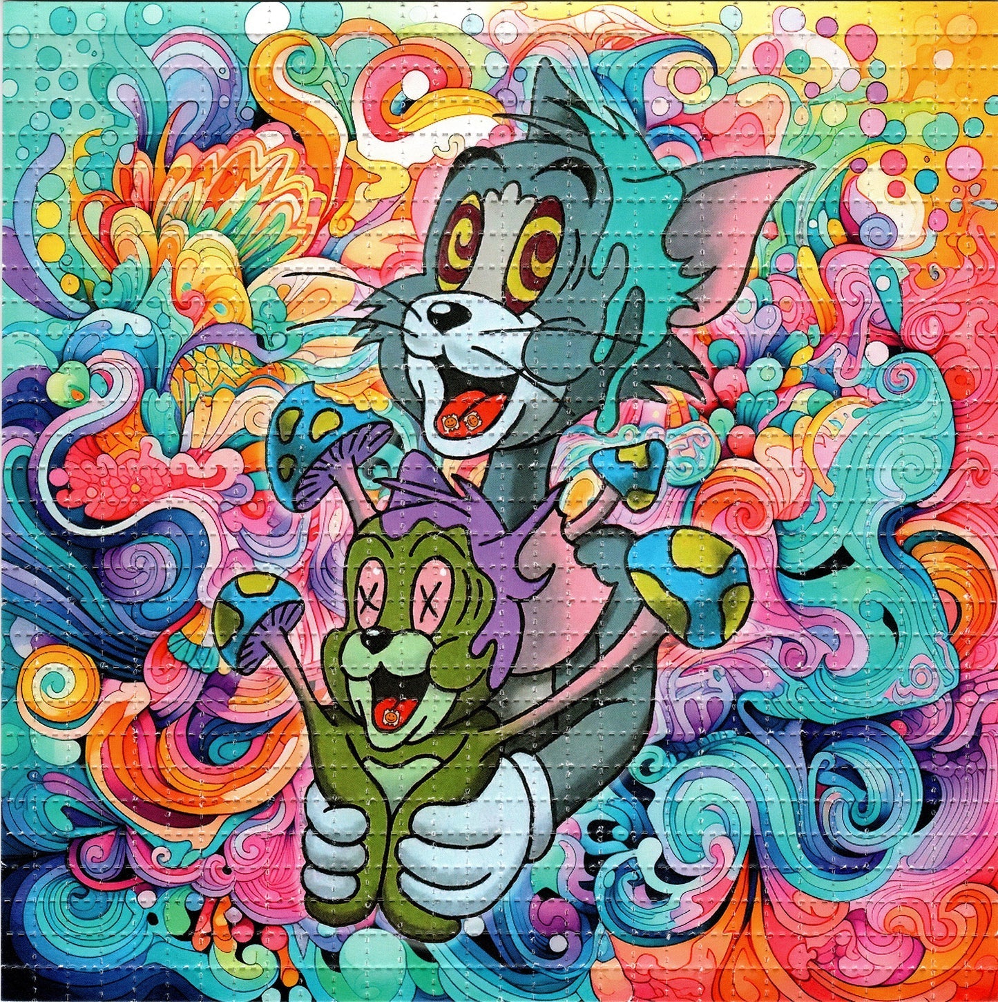 Vibrant Blotter Art - acid free perforated blotter paper with colorful psychedelic design featuring cartoon characters.