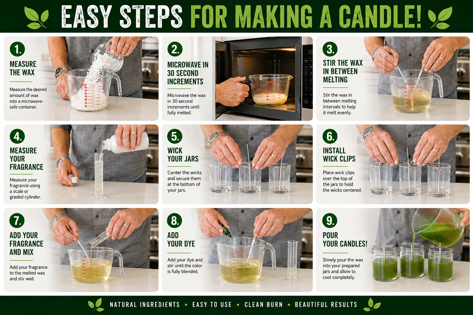 Step-by-step guide showing how to make candles using Pure Organic Soy Wax for Candle Making, including measuring and mixing instructions.