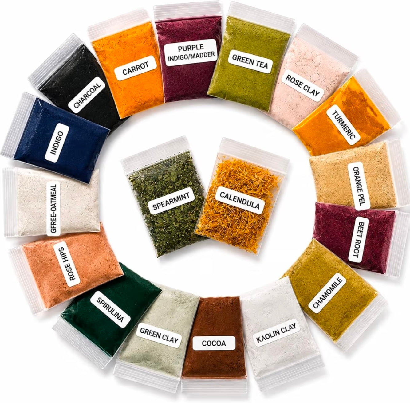 Natural Soap Making Colorant Set showcasing 16 dye pigment packets for crafting soaps and cosmetics, each packet labeled with color names.