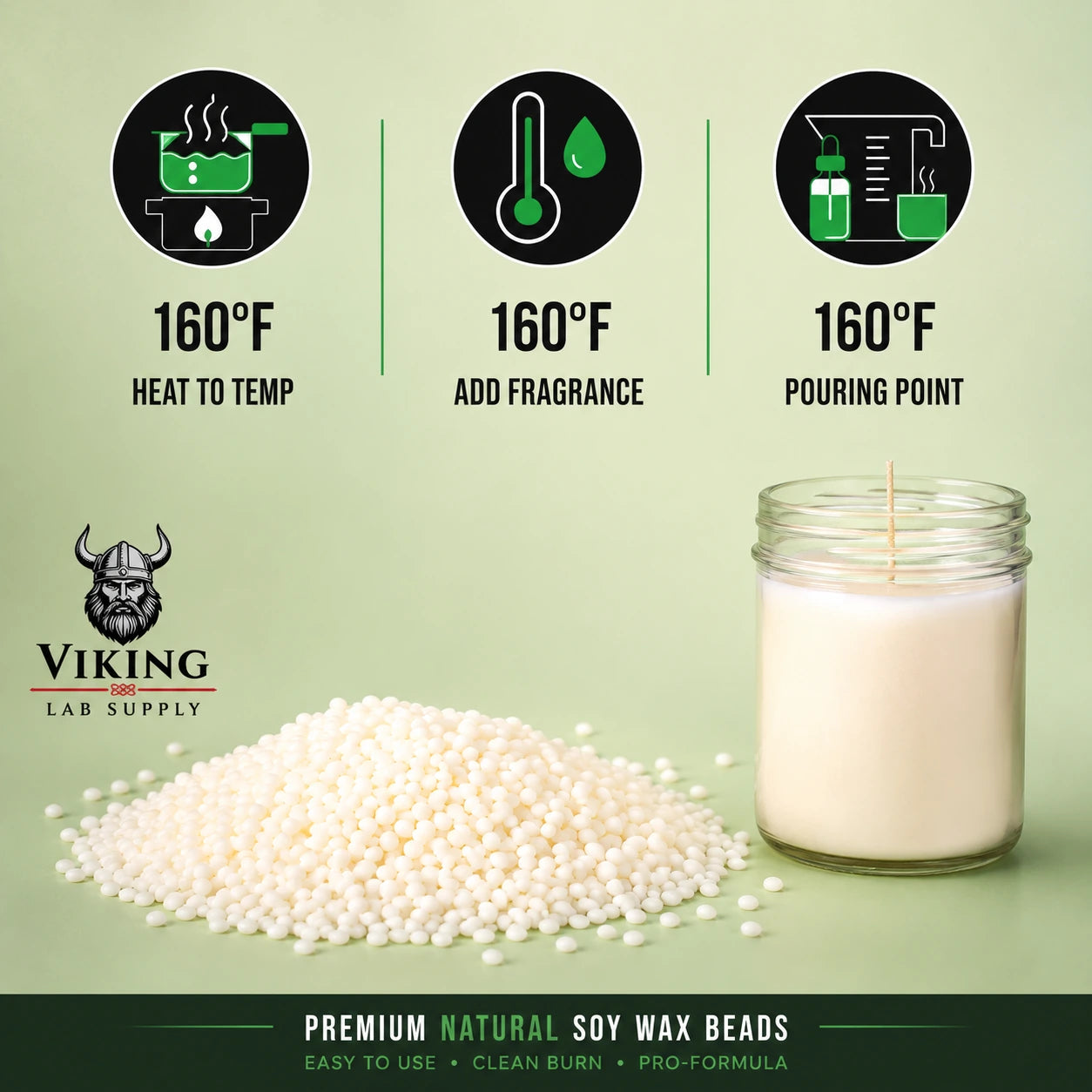 Viking Lab Supply Pure Organic Soy Wax for Candle Making with soy wax beads and finished candle.