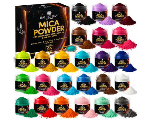Mica Powder for Epoxy Resin 24 Ultra Vibrant Colors set with high-pigment jars for crafts and art projects