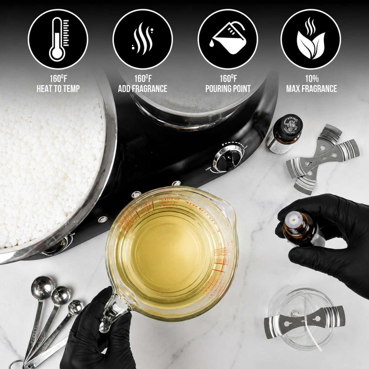 Pure Organic Soy Wax for Candle Making with temperature and fragrance guidelines displayed on black background, utensils shown.