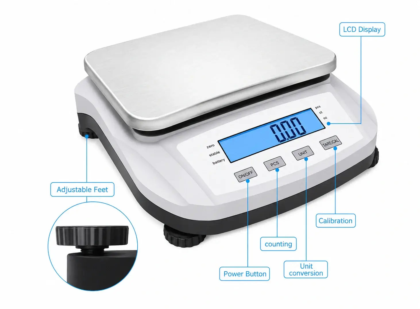 Professional Laboratory Scale 5000g 0.01g with LCD display and adjustable feet for precise measurements in scientific settings.