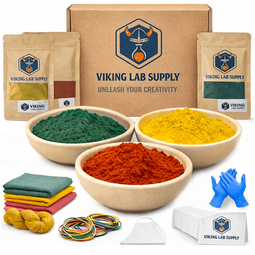 Natural Tie Dye Kit with 3 color extracts, aprons, gloves, and accessories for DIY fabric art.