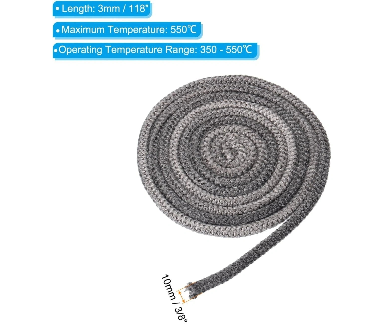 fiberglass heat rope 10ft with 3/8 inch diameter, designed for high-temperature environments, heat resistant up to 1000F