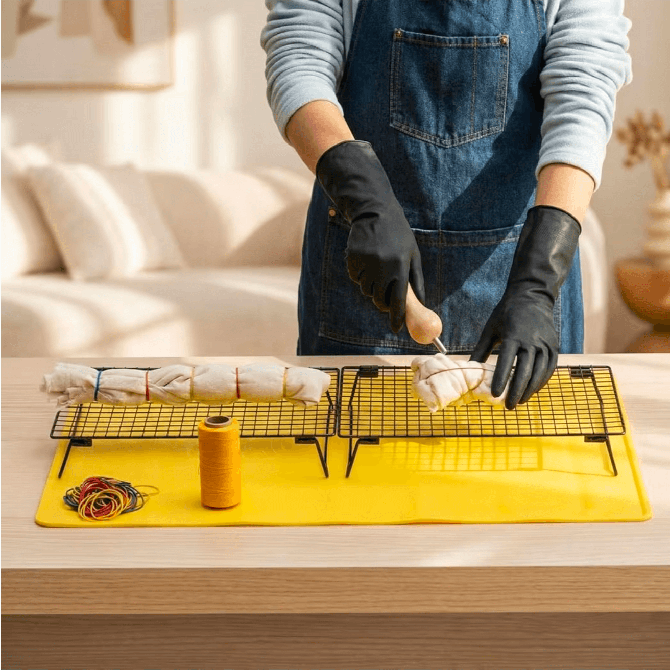 Person using a tie-dye kit in a cozy workspace, preparing fabric with gloves and supplies.