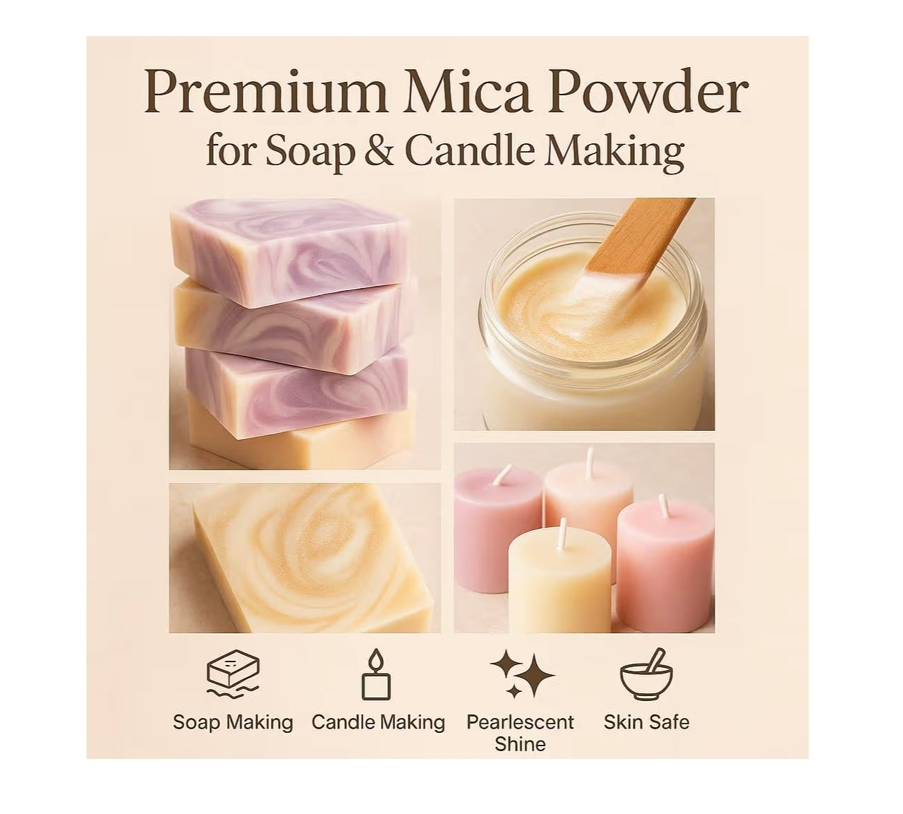 Premium mica powder for soap and candle making with pearlescent shine and skin-safe formula, featuring colorful soap and candles.