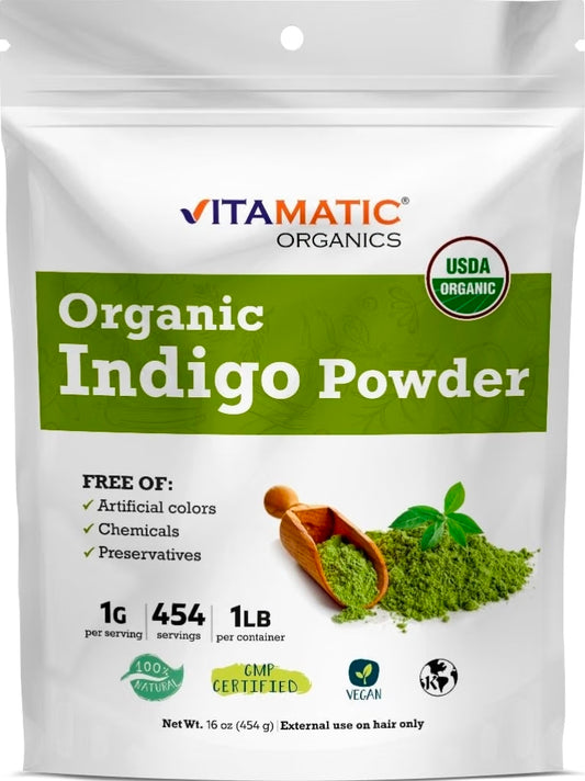 Organic Indigo Natural Dye for Textiles, 1LB package by Vitamatic Organics with USDA Organic label