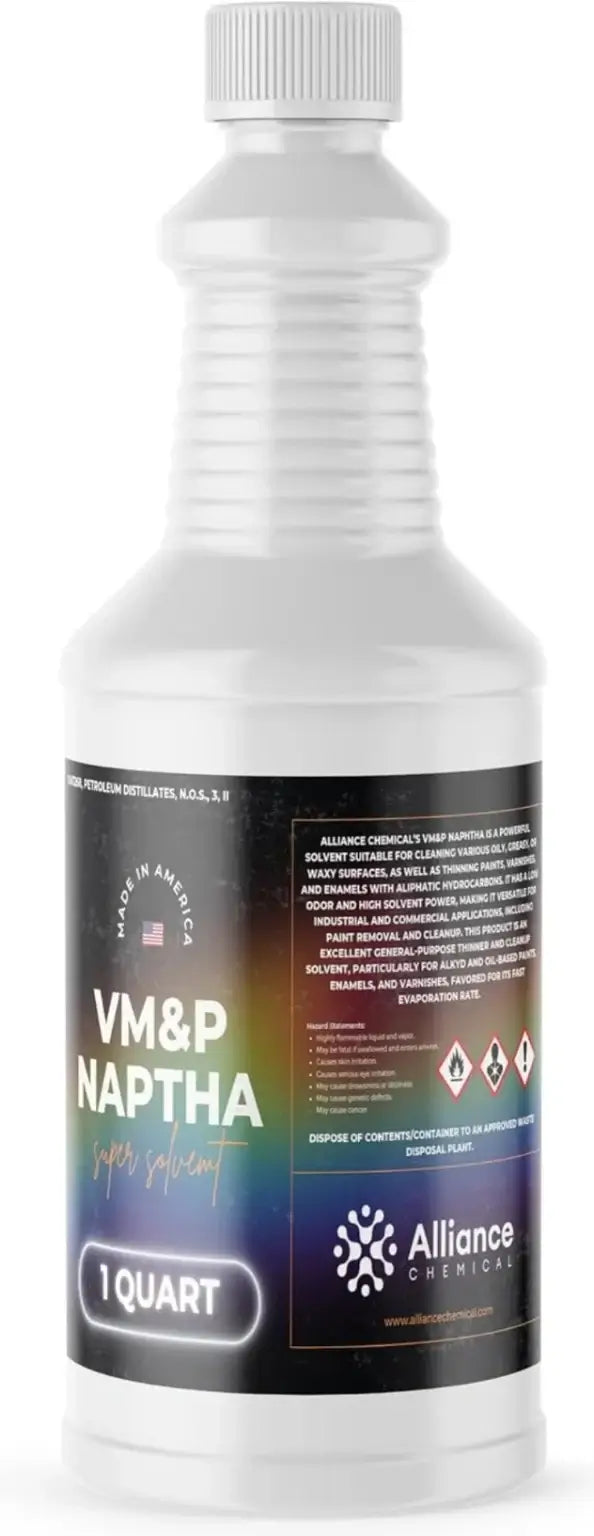High Purity Naphtha 1 Quart Bottle – VM&P fast-drying solvent in a plastic bottle.
