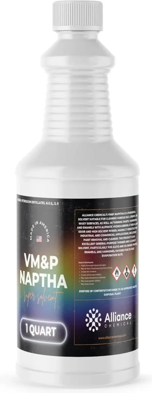 Bottle of VM&P Naptha with Alliance Chemical label on a white background