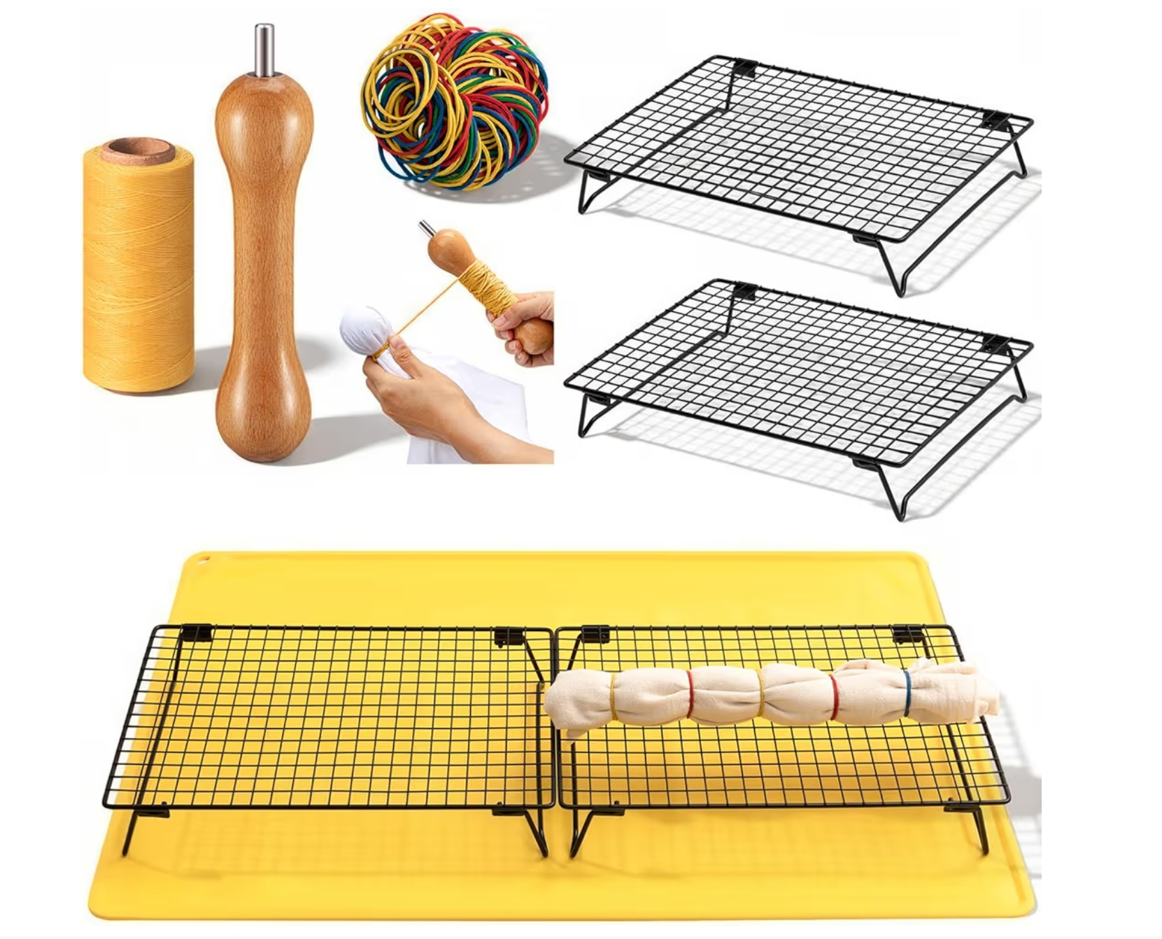 Tie-dye kit for DIY Tie Dying Projects including supplies like wax thread, rubber bands, and drying racks.