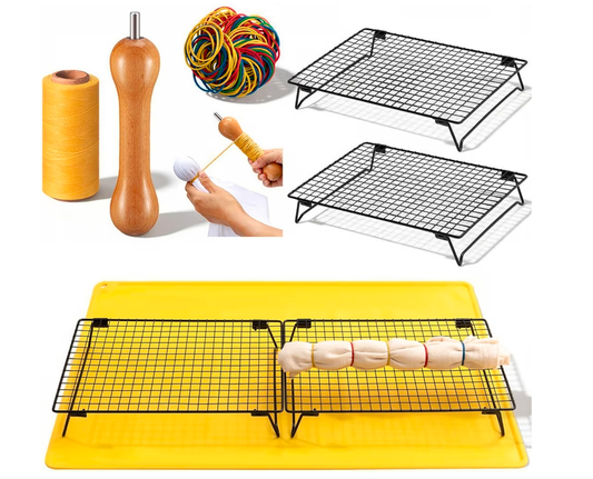 Tie-dye kit for DIY Tie Dying Projects including supplies like wax thread, rubber bands, and drying racks.