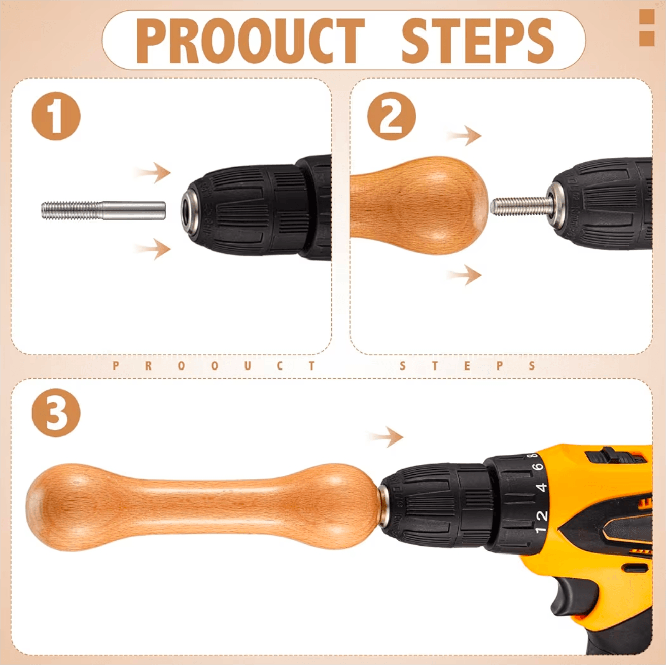 Tie-dye kit Step-by-step guide for installing a wooden handle on a power drill.