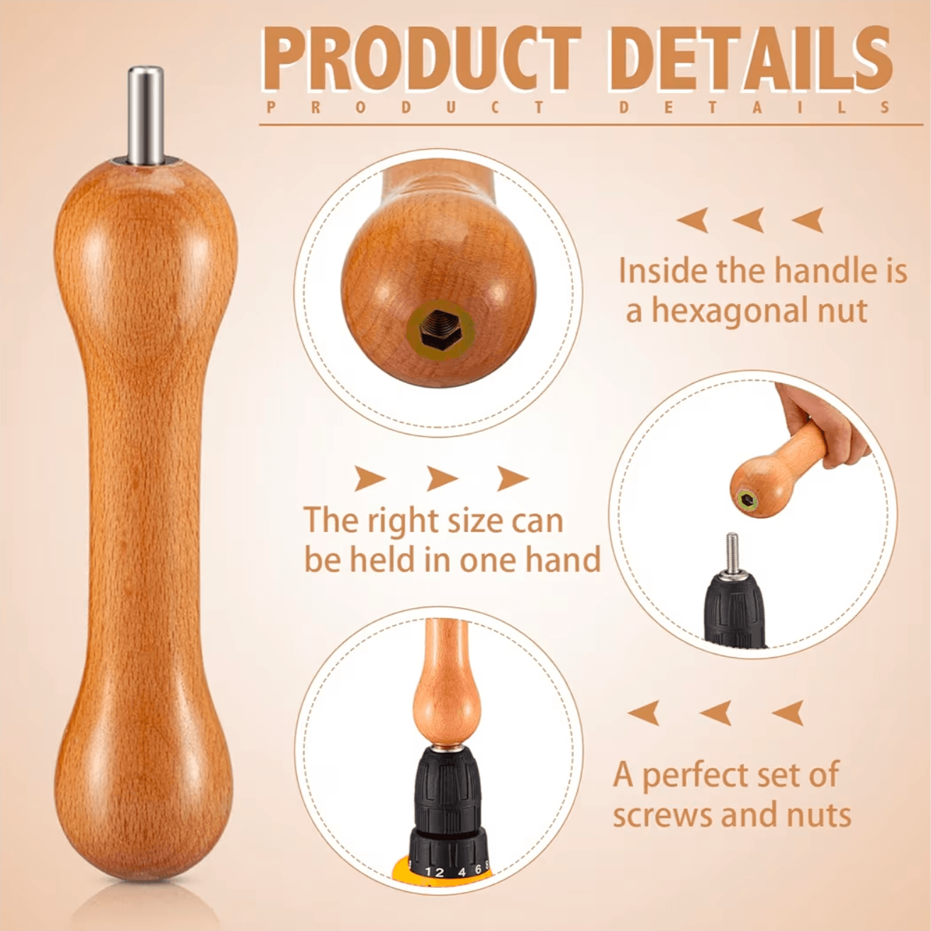 Tie-dye kit containing a wooden tool with hexagonal nut for easy grip in one hand, showcasing product details.