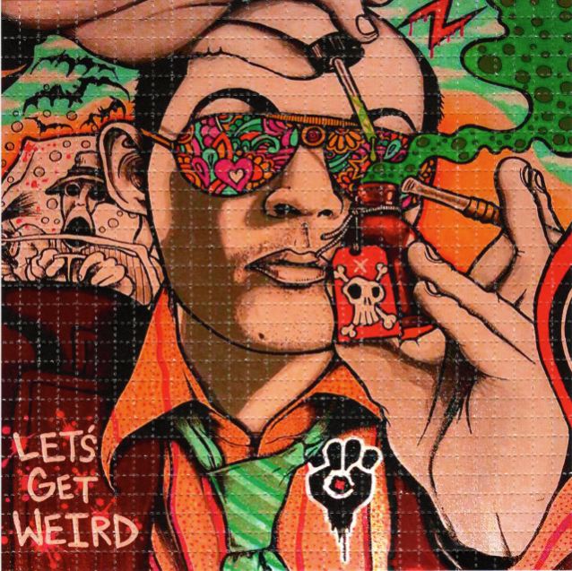Blotter Art - acid free perforated blotter paper featuring vibrant and colorful design with "Let's Get Weird" text and artistic imagery.