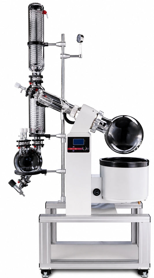 10L rotary evaporator with ETL certification, featuring an electric lift bath and PTFE valves for high chemical resistance in labs.