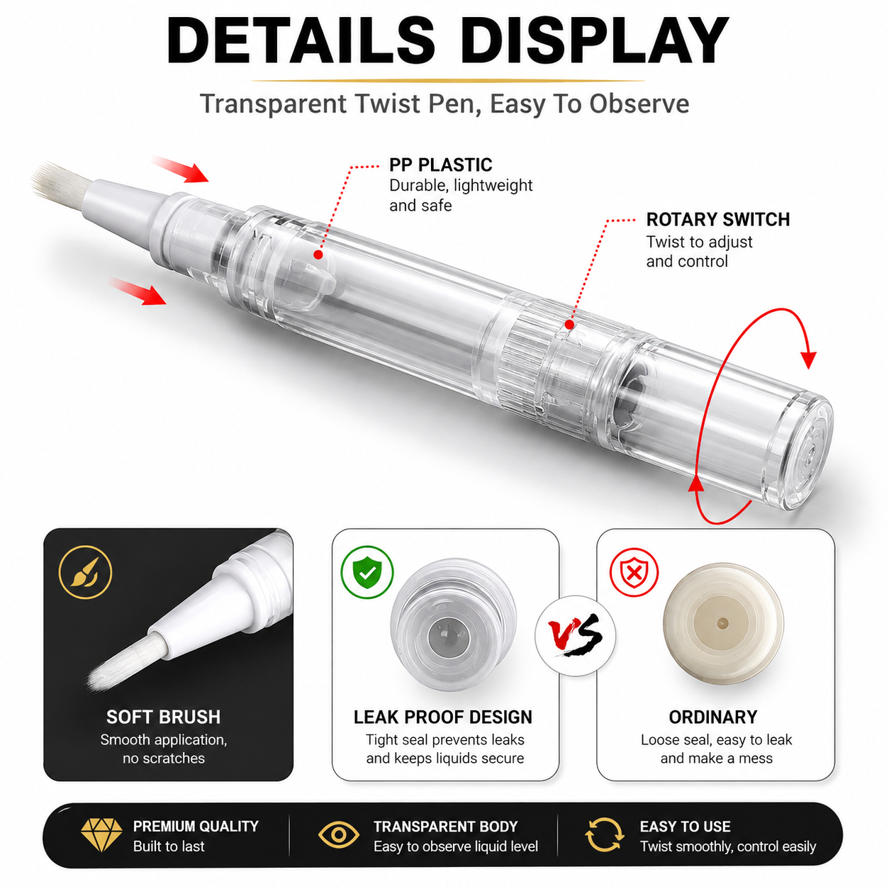 Oil Infusing Brush with easy twist mechanism and soft brush tip, featuring leak-proof design and transparent body for precise infusion.